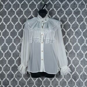 Rich Radi Q's Blouse Women Size S White Sheer Lace Ruffle Victorian Poet Pirate